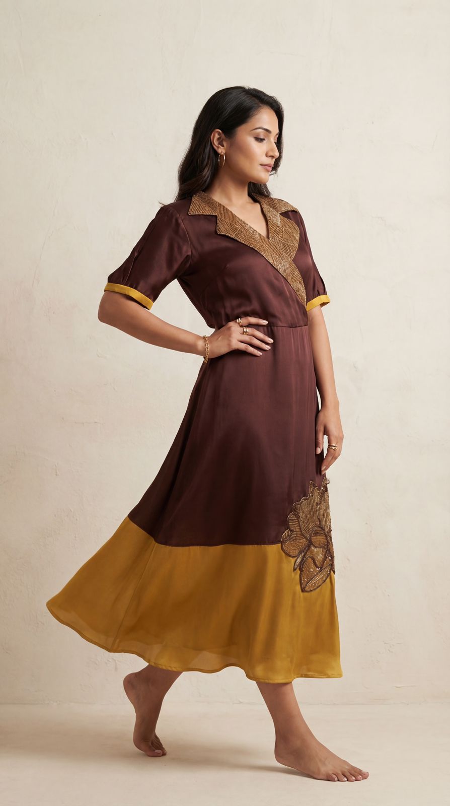 Chocolate Brown & Yellow Embellished Premium Silk Dress