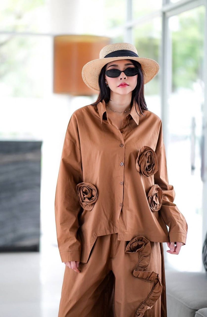 Brown Embroidered Cotton Co-Ord Set