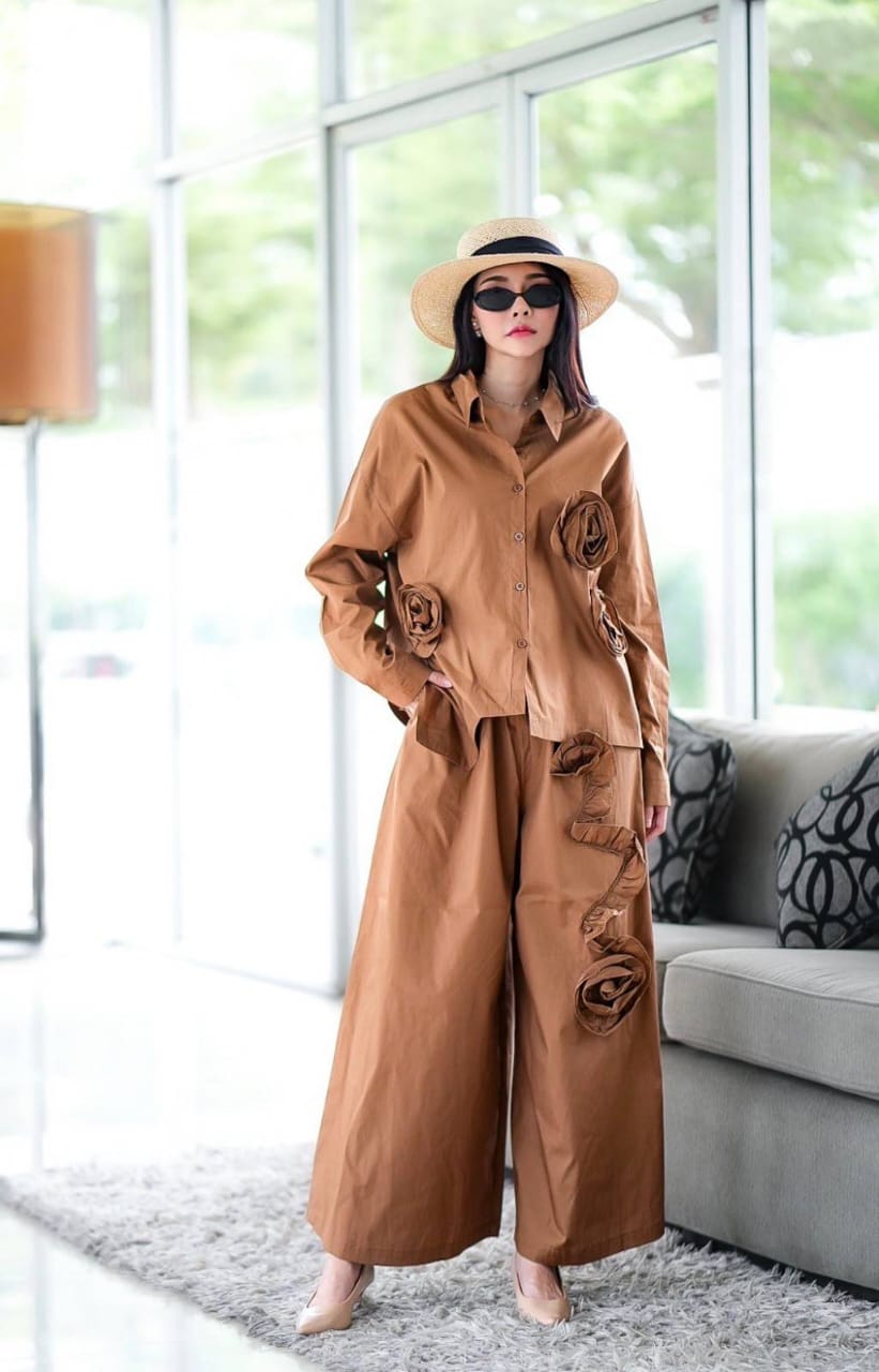 Brown 3D Fabric Flower Applique Co-Ord Set