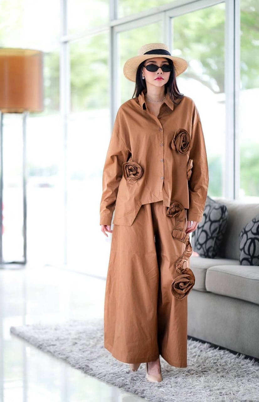 Brown Embroidered Cotton Co-Ord Set