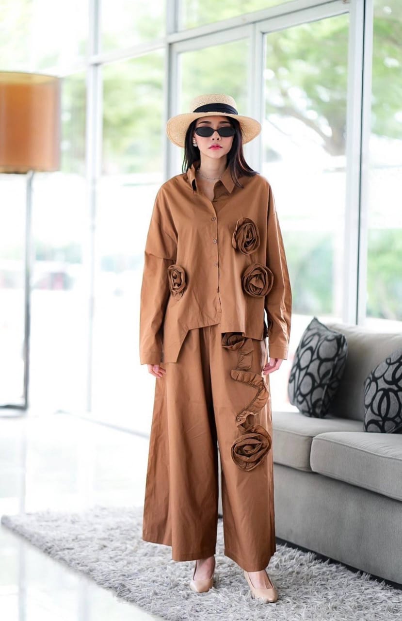 Brown 3D Fabric Flower Applique Co-Ord Set