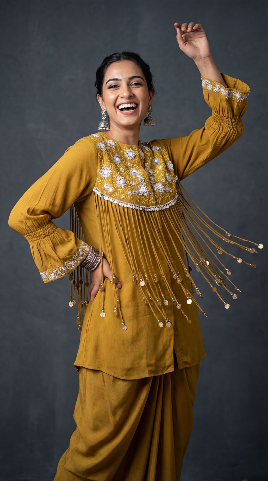 Golden Mustard Emebllished Crepe Silk Drape Skirt Set