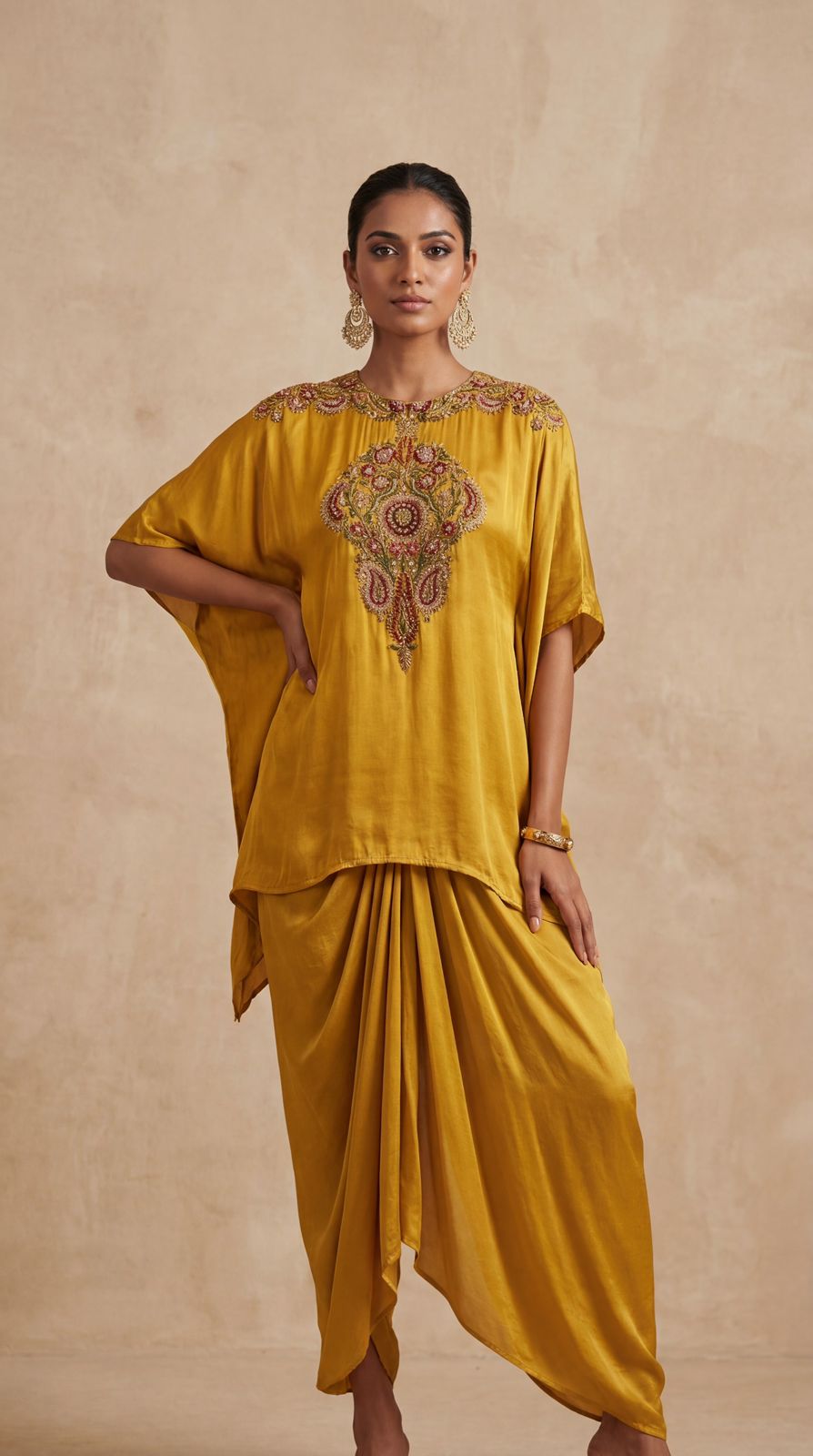 Mustard Yellow Embellished Satin Silk Kaftan Set