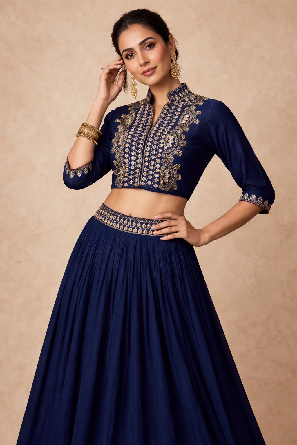 Navy Blue Embellished Crepe Silk Skirt Set