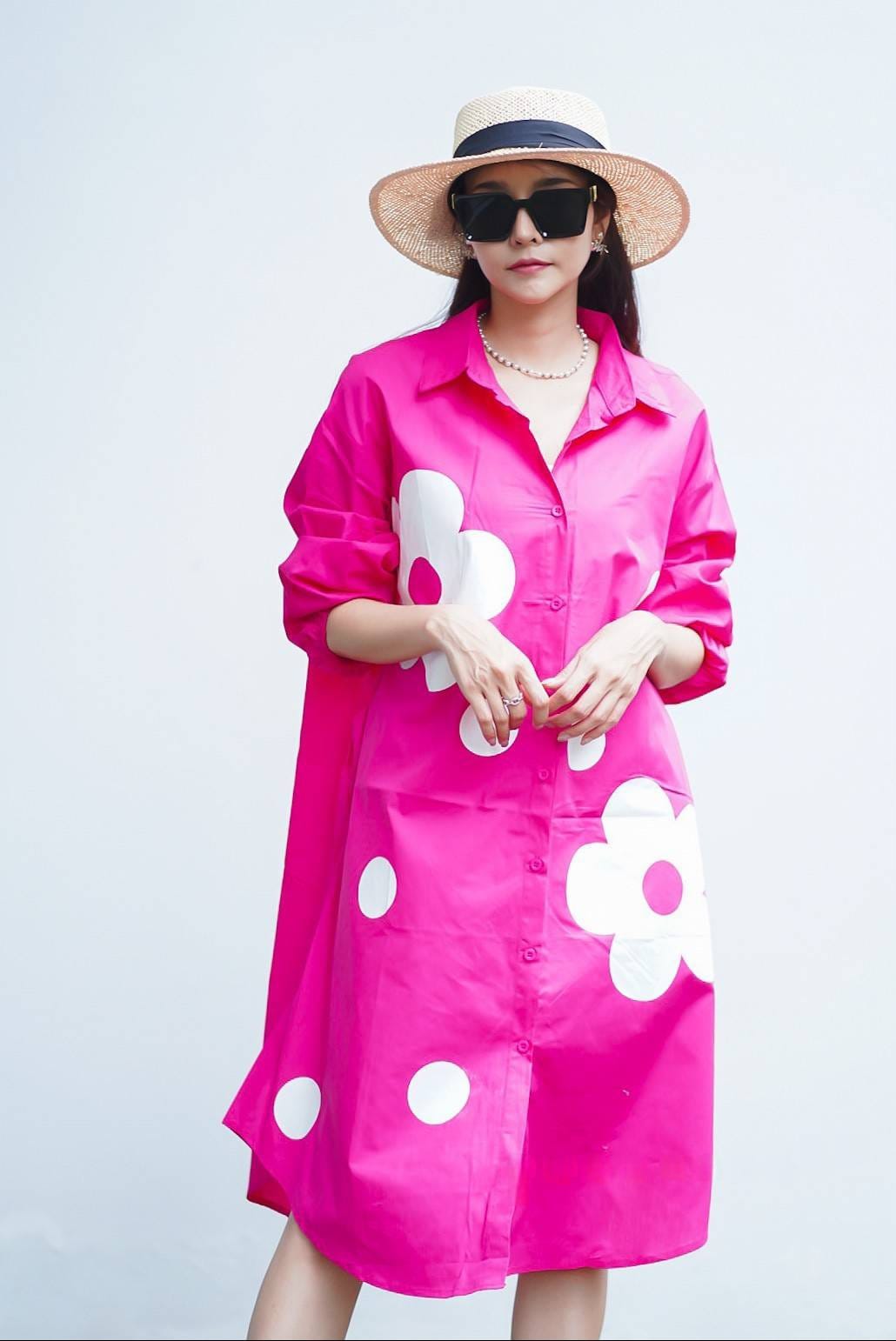 Bright Pink Plastisol Printed Cotton Shirt Dress