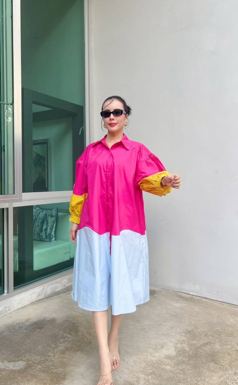 Bloom Pink Color Block Cotton Shirt Dress