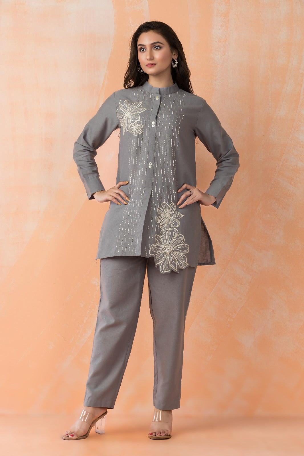 Shadow Grey Embroidered Cotton Co-Ord Set