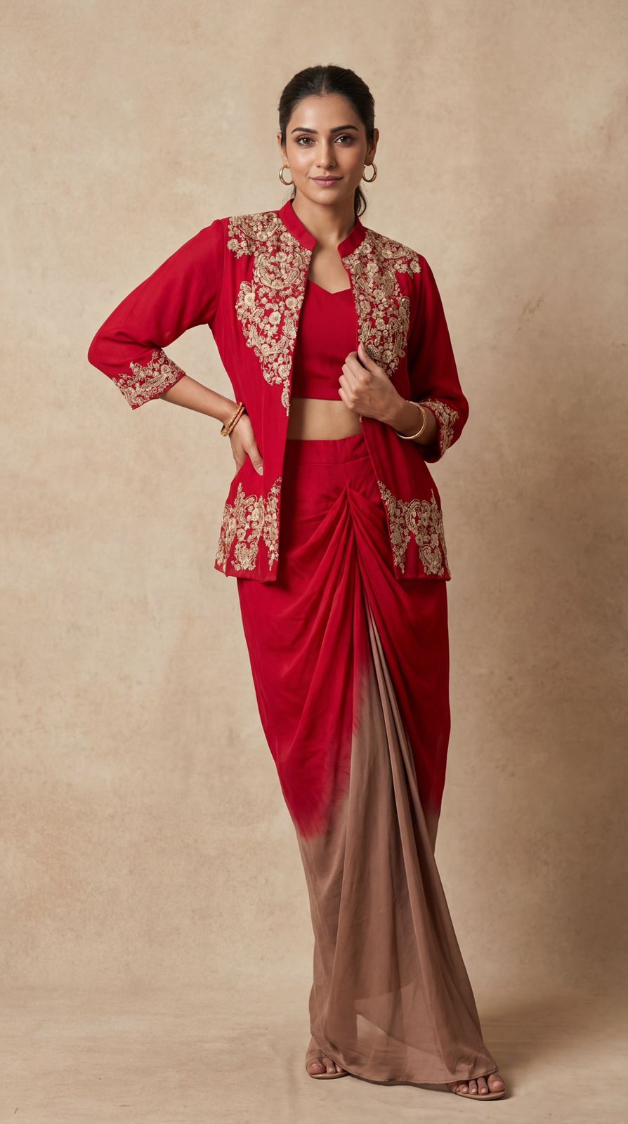 Ruby Red Embellished Crepe Silk Drape Skirt Set
