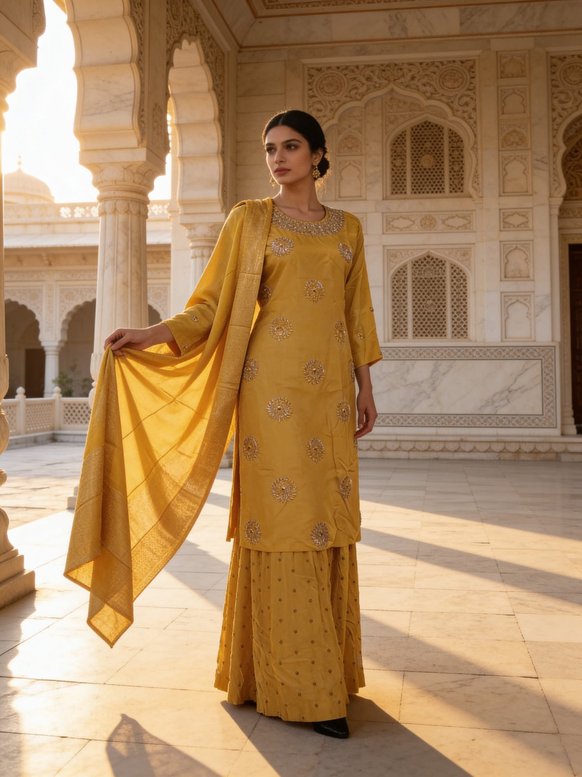 Bright Yellow Embellished Dola Silk Kurta Skirt Set