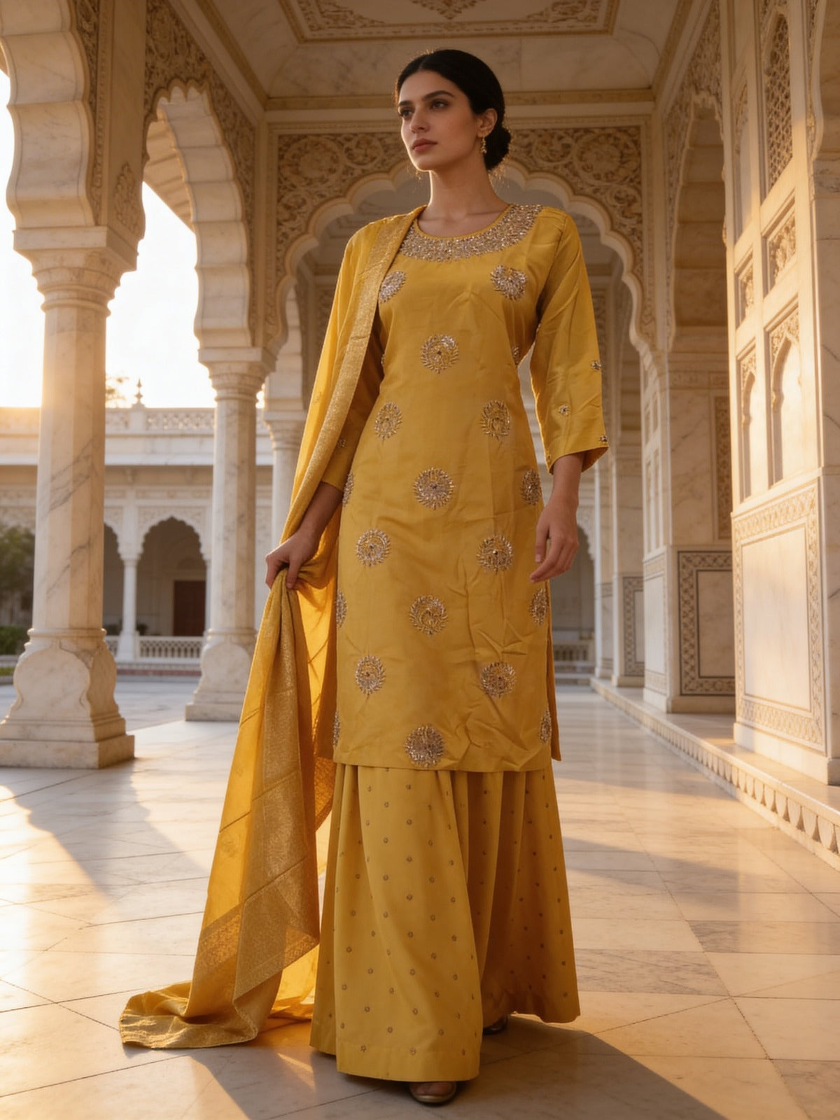Bright Yellow Embellished Dola Silk Kurta Skirt Set