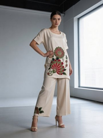 Beige Embroidered Raw Silk Co-Ord Set