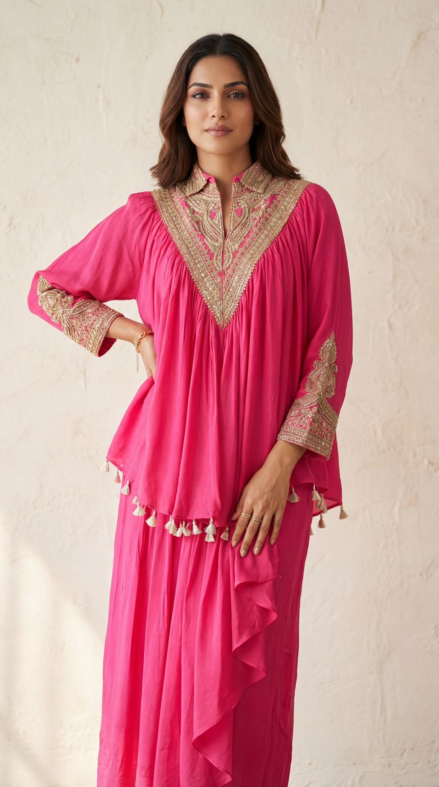 Bright Peony Embellished Crepe Silk Dhoti Skirt Set