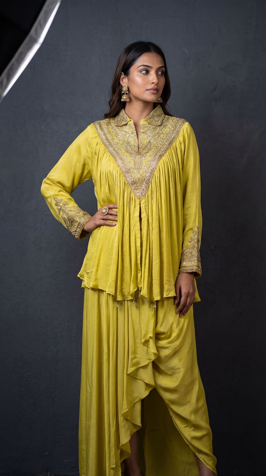 Icterine Yellow Embellished Crepe Silk Dhoti Skirt Set