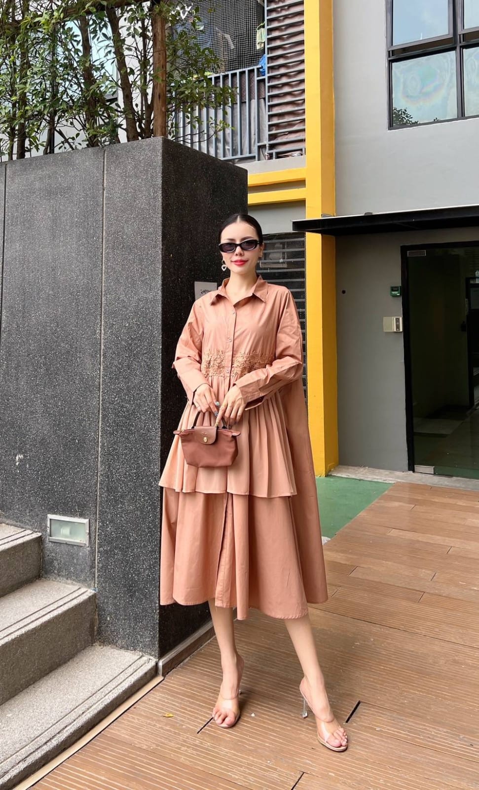 Dusty Peach Embroidered Two-Tier Cotton Shirt Dress