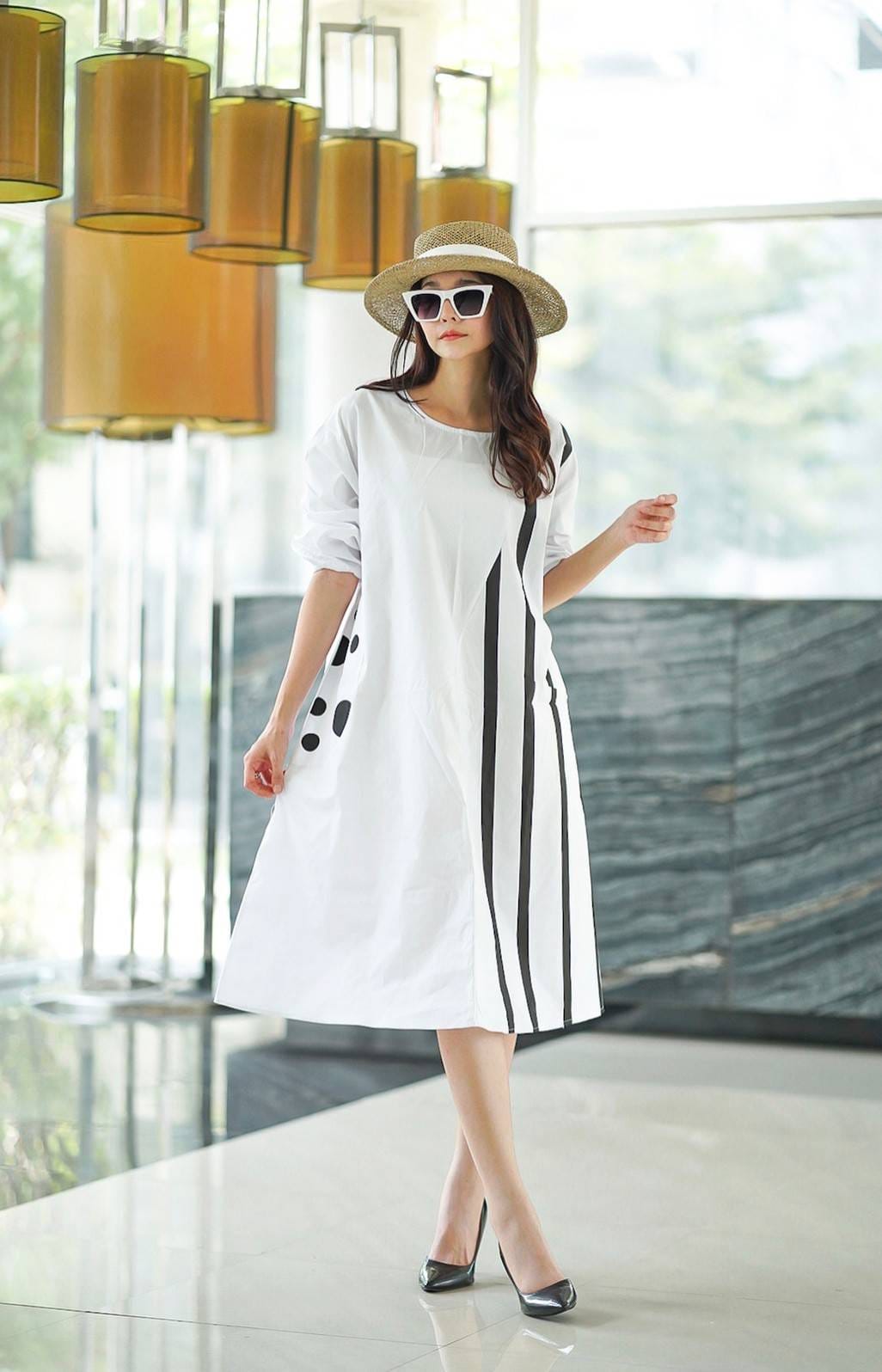 White and Black Geometric Printed Cotton Dress