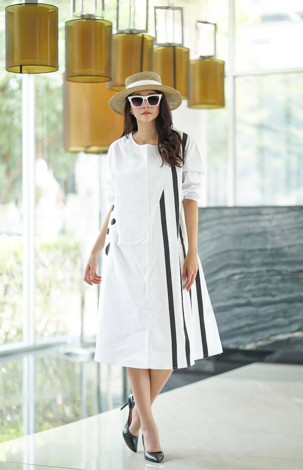 White and Black Geometric Printed Cotton Dress