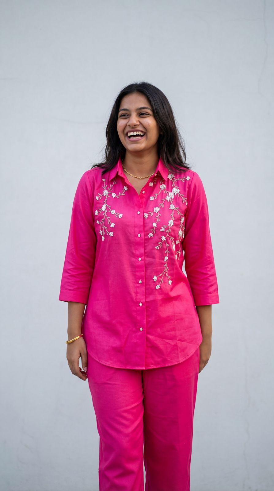 Bright Pink Embellished Cotton Co-Ord Set