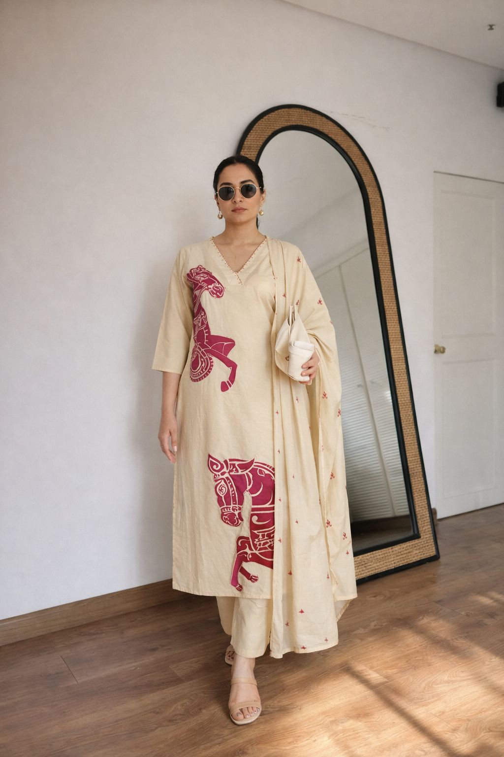 Beige Stallion Embroidered Organic Cotton Pant Set