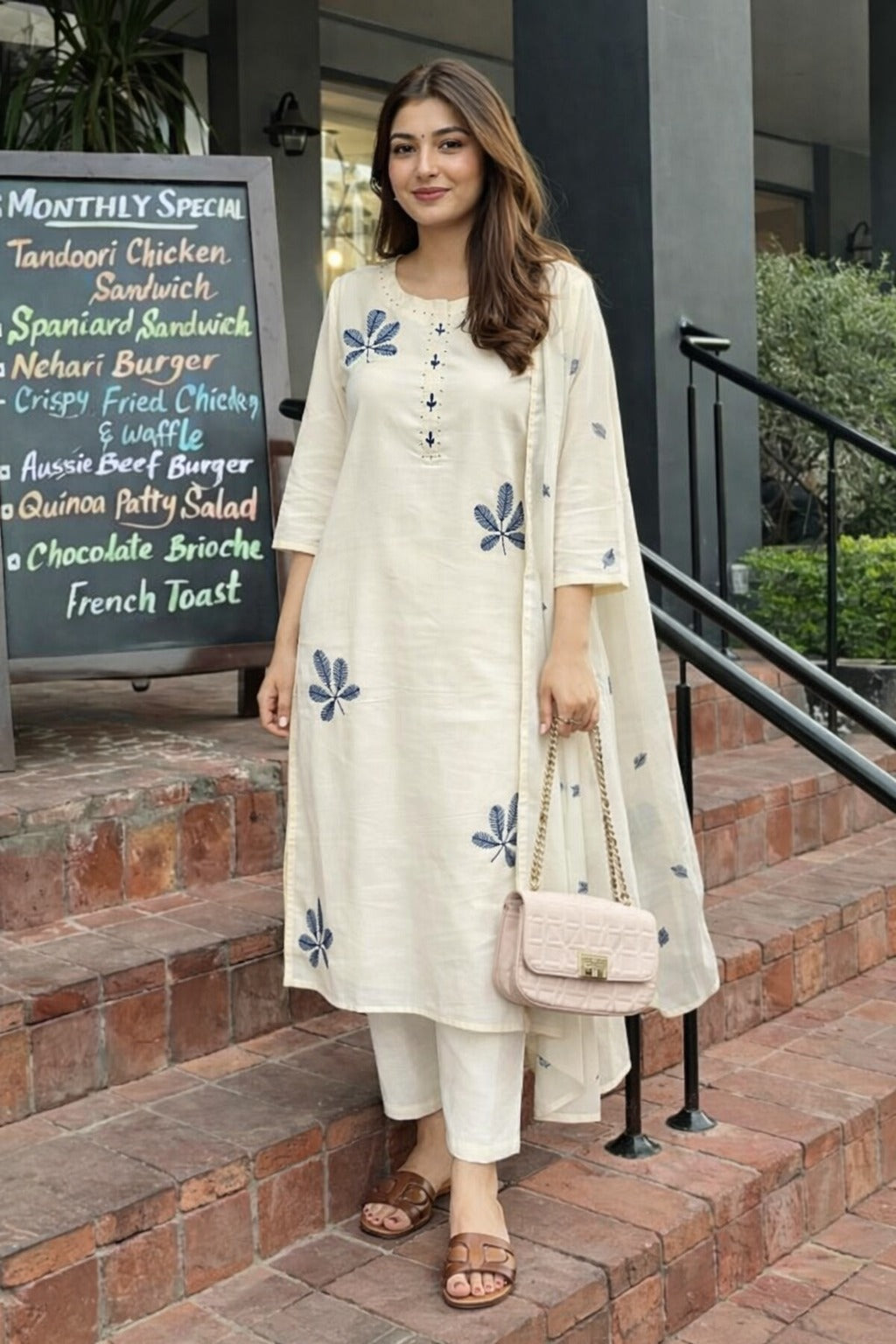 Indigo Palm Embroidered Cotton Pant Set