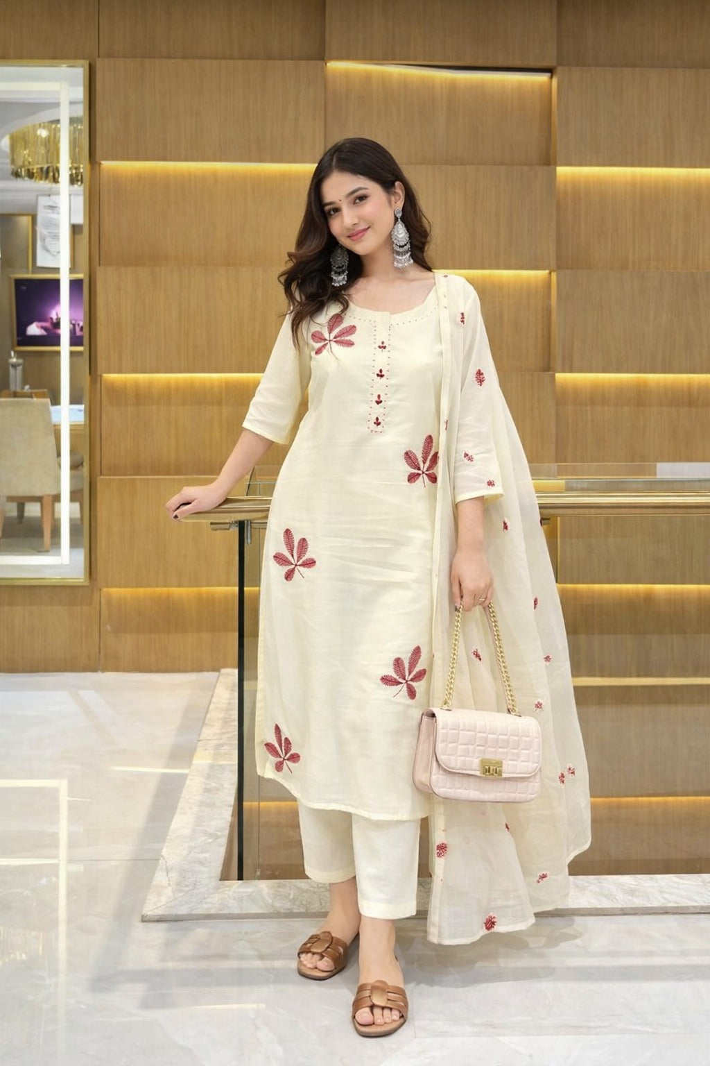 Ivory Palm Embroidered Cotton Pant Set Set