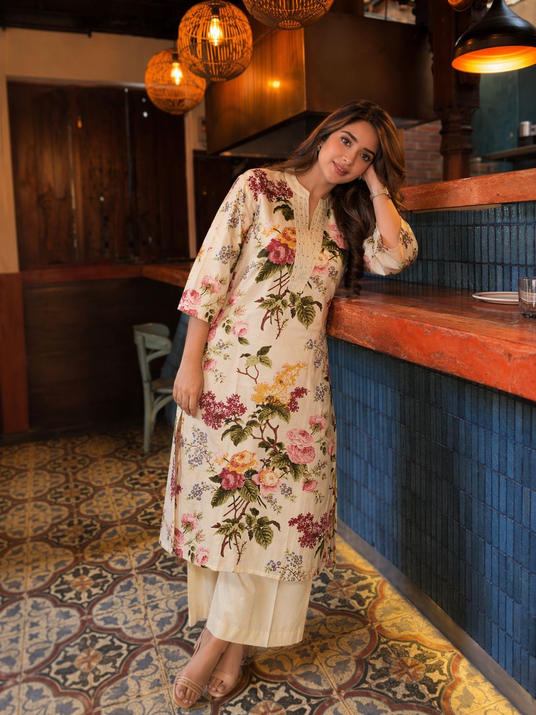 Cream Floral Printed Cotton Kurta Set