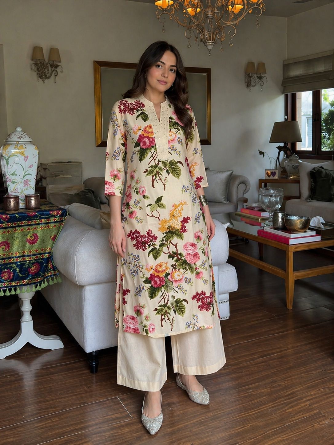 Cream Floral Printed Cotton Kurta Set