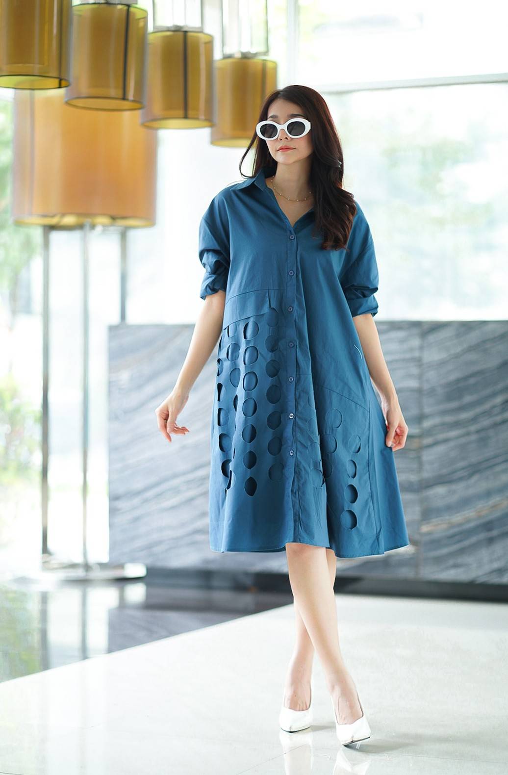 Teal Die Cut Panel Work Tunic Dress