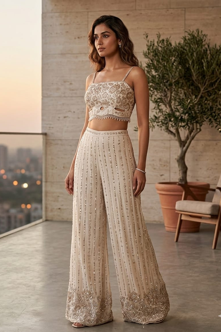 Ivory Shimmer Embellished Tissue Silk Palazzo Set