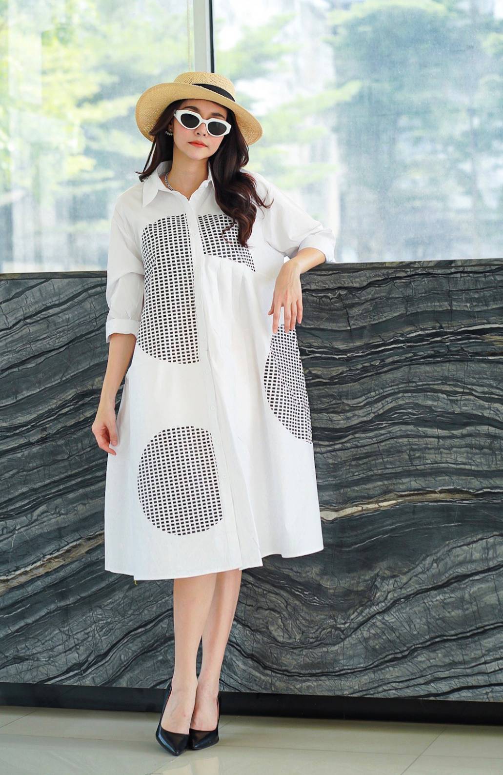 White Geometric Grid Monochrome Cotton Shirt Dress