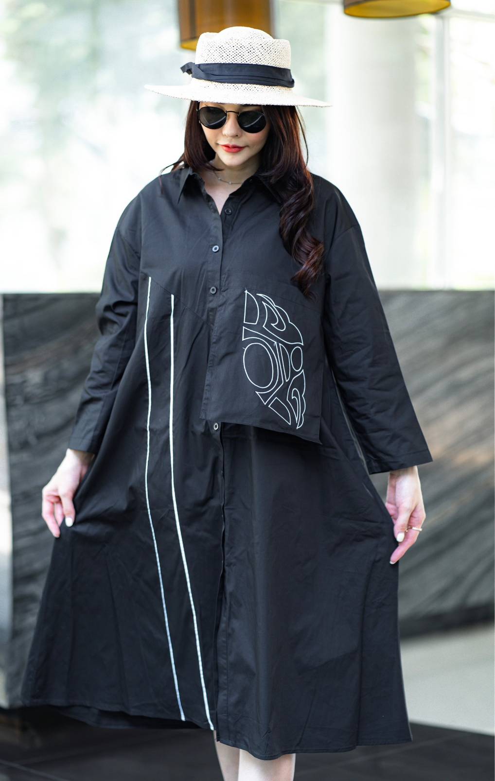 Black Line Art Printed Cotton Midi Dress