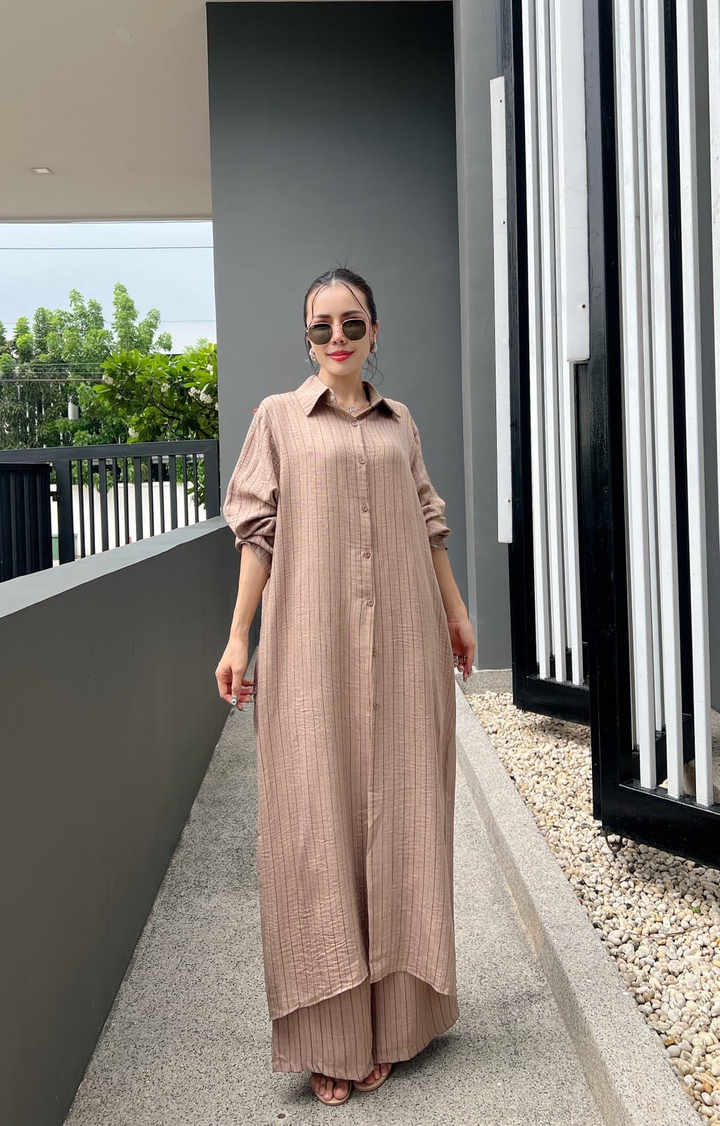 Taupe Beige Printed Cotton Longline Co-ord Set