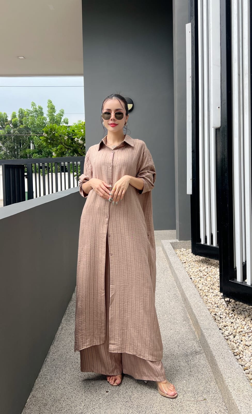 Taupe Beige Printed Cotton Longline Co-ord Set