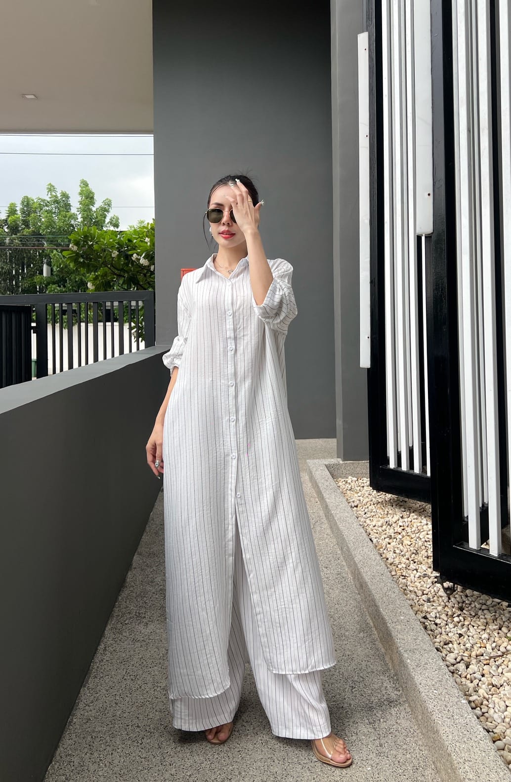 Crisp White Printed Cotton Longline Co-ord Set