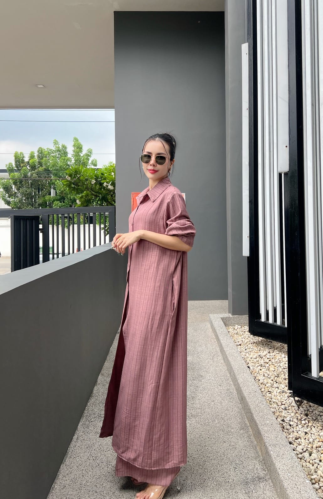 Dusty Rose Printed Cotton Longline Co-ord Set