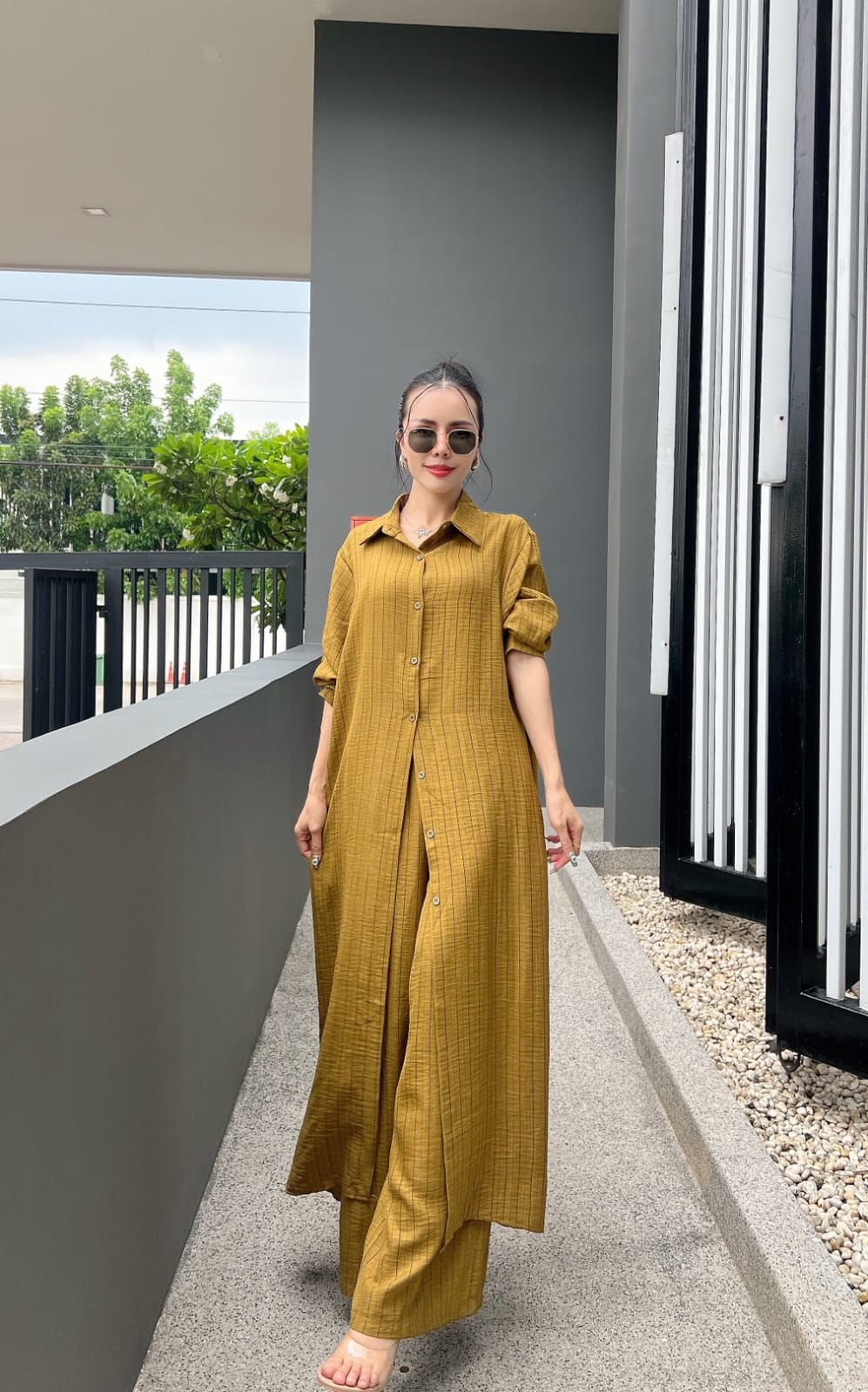 Mustard Yellow Printed Cotton Longline Co-ord Set