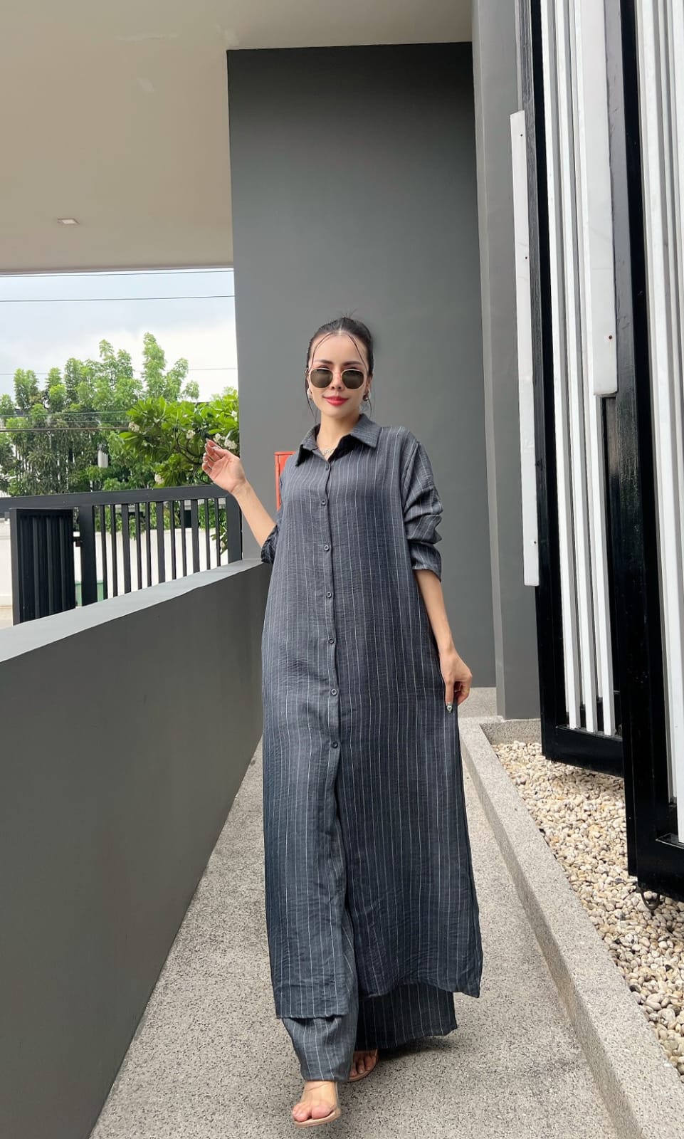 Charcoal Grey Printed Cotton Longline Co-ord Set