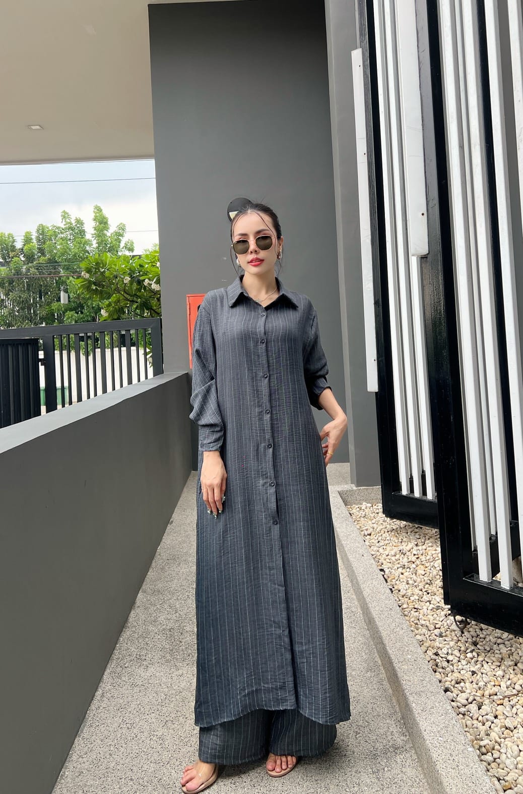 Charcoal Grey Printed Cotton Longline Co-ord Set