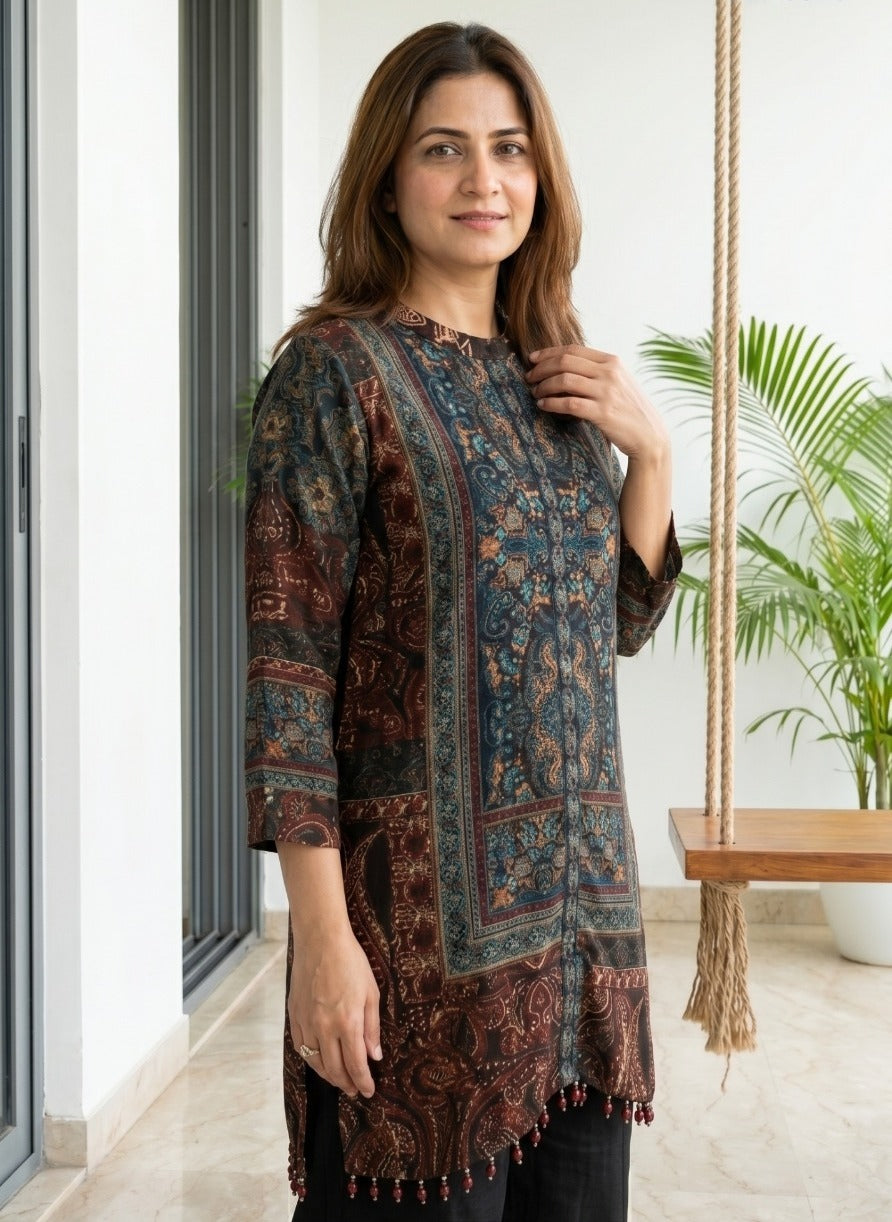 Brown Mosaic Printed Crepe Silk Co-Ord Set