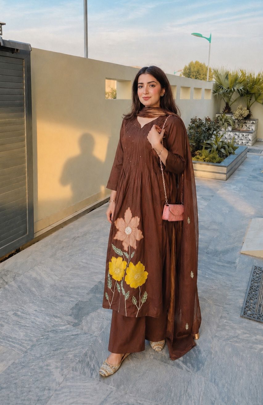 Chocolate Brown Embroidered Mul Cotton Pant Set