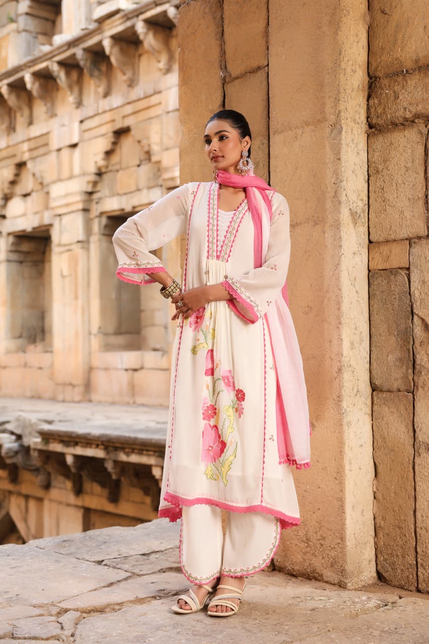 Soft Ivory Floral Embroidered Mul Cotton Anarkali Set