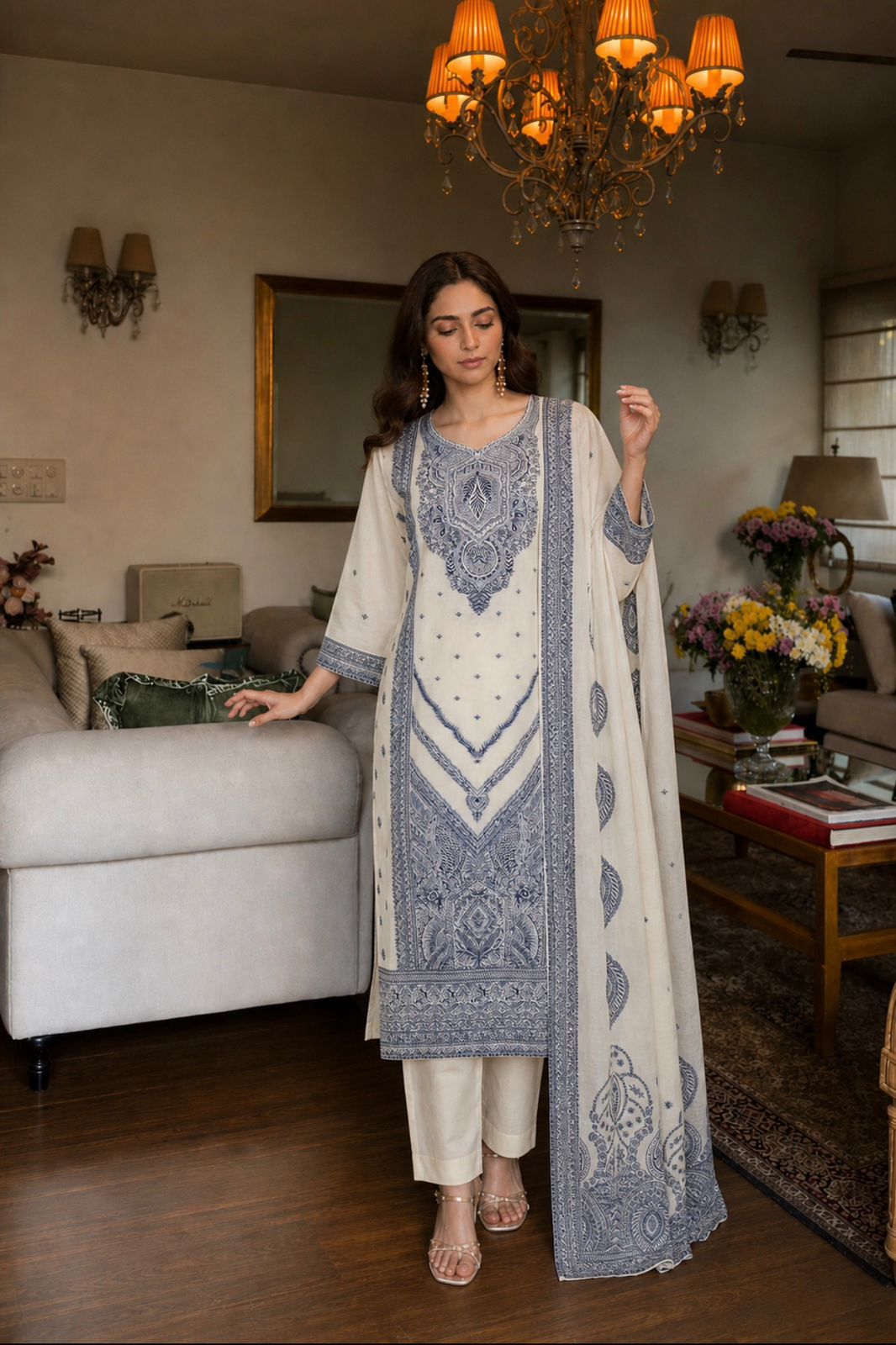 Ivory & Blue Pakistani Weave Cotton A-Line Pant Set