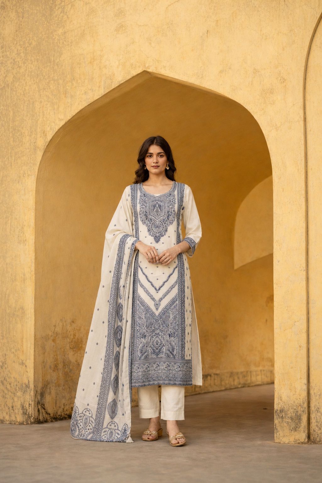Ivory & Blue Pakistani Weave Cotton A-Line Pant Set