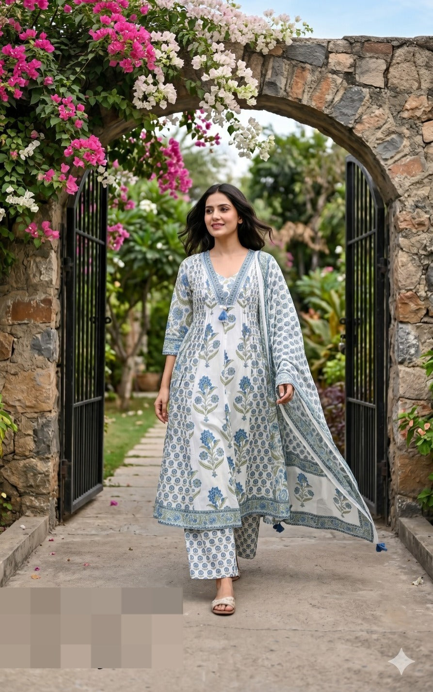 White and Blue Printed Cotton Anarkali Set
