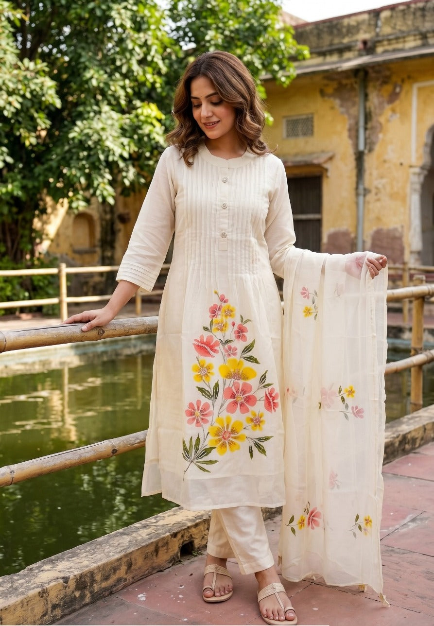 Ivory Embellished Printed Soft Organza Silk Anarkali Set