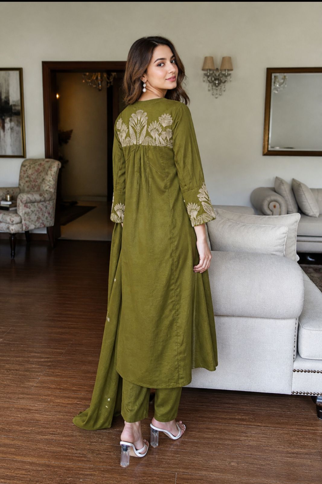 Olive Green Embroidered Cotton A-Line Pant Set