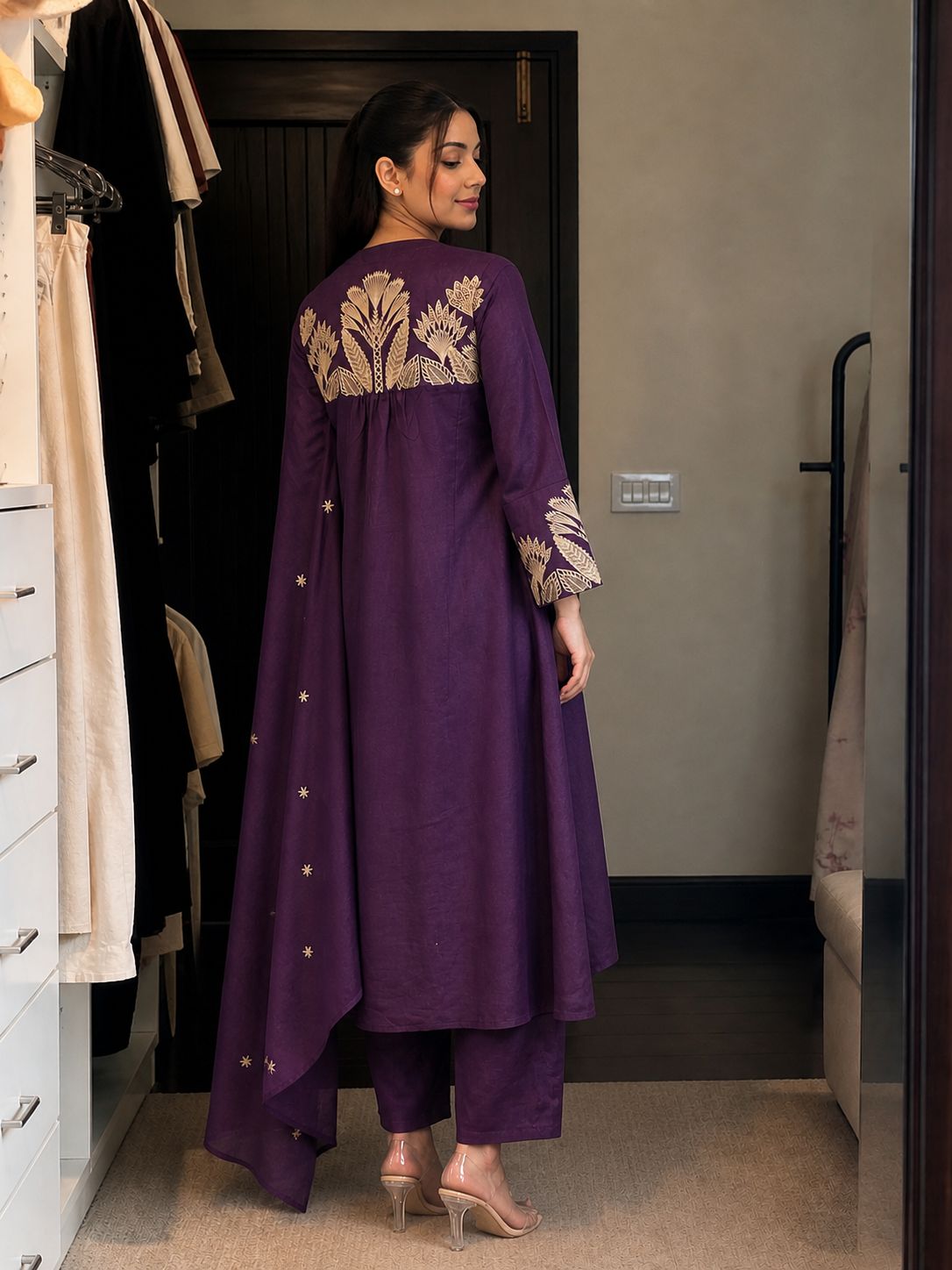 Deep Violet Embroidered Cotton A-Line Pant Set