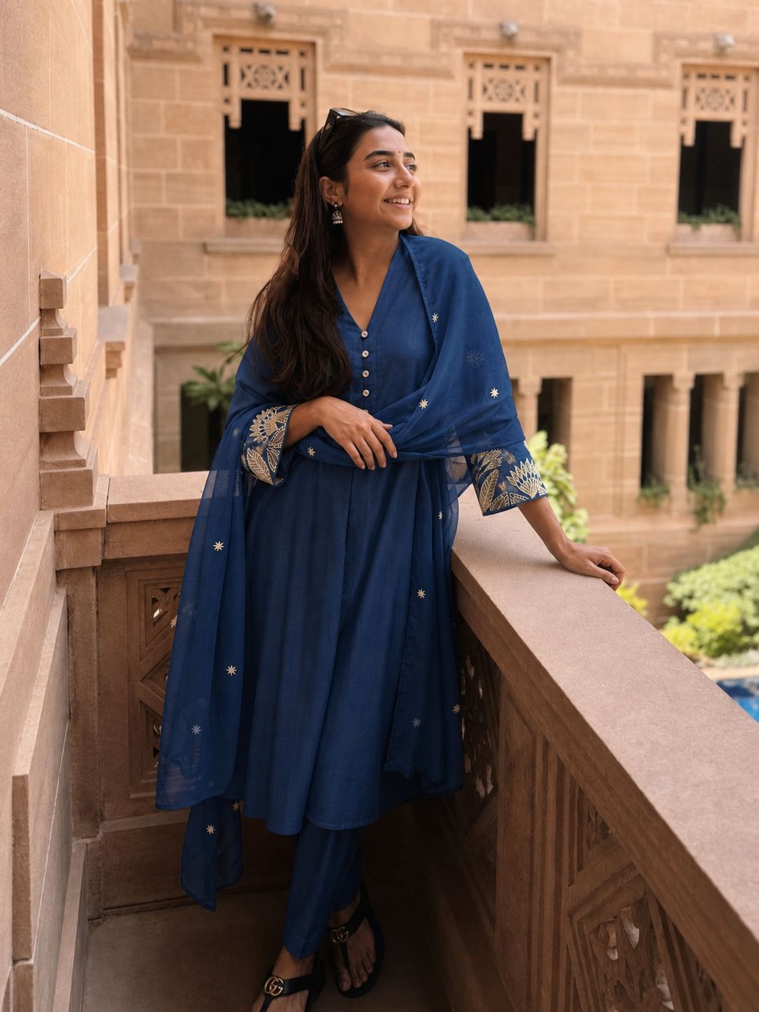 Indigo Blue Embroidered Cotton A-Line Pant Set