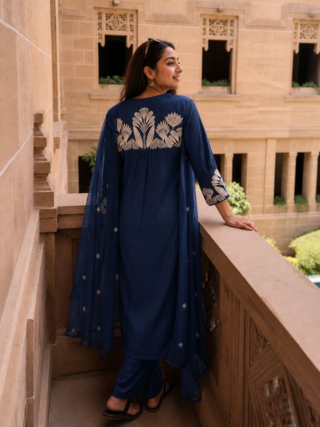 Indigo Blue Embroidered Cotton A-Line Pant Set