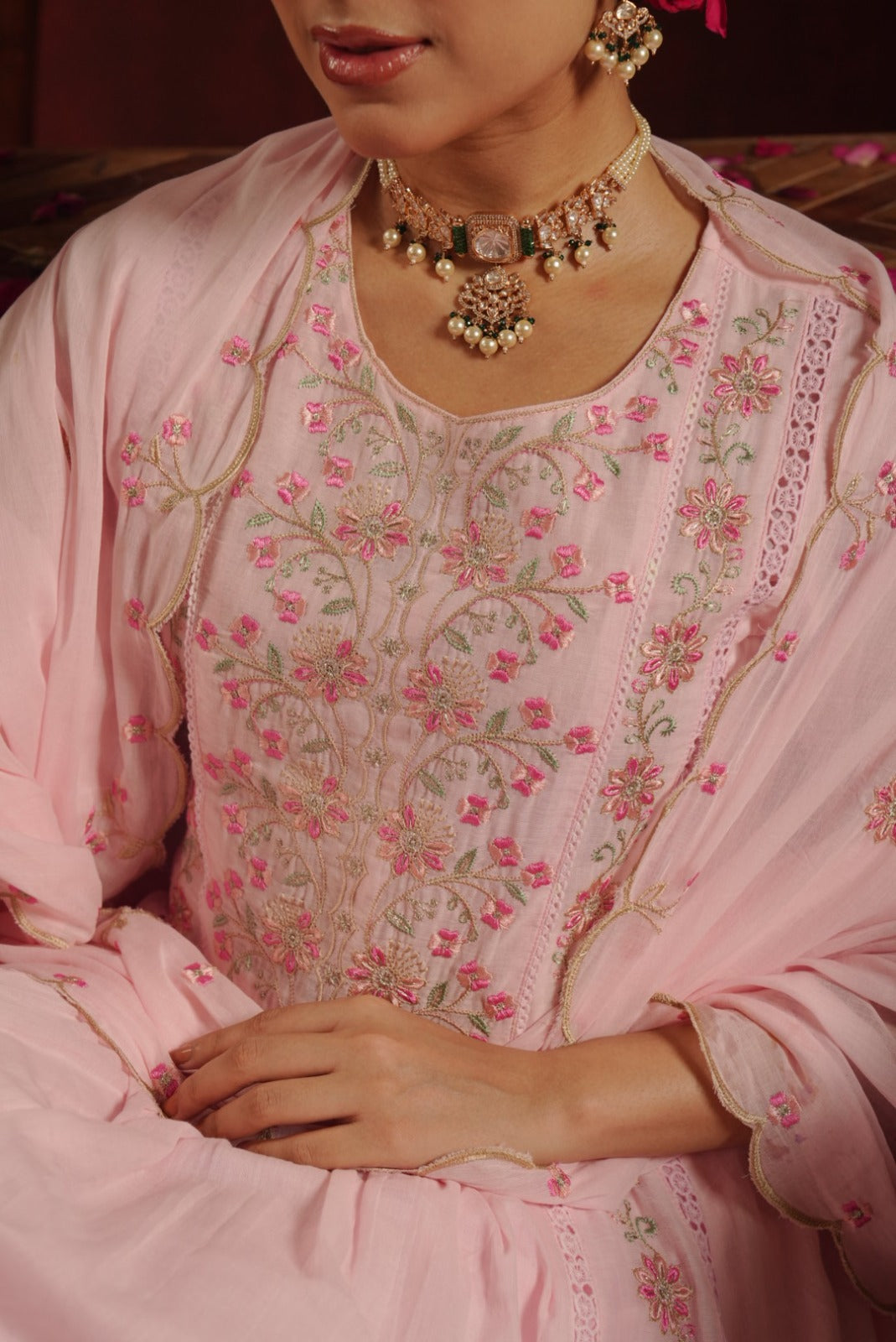 Rose Quartz Embroidered Mul Cotton Pant Set