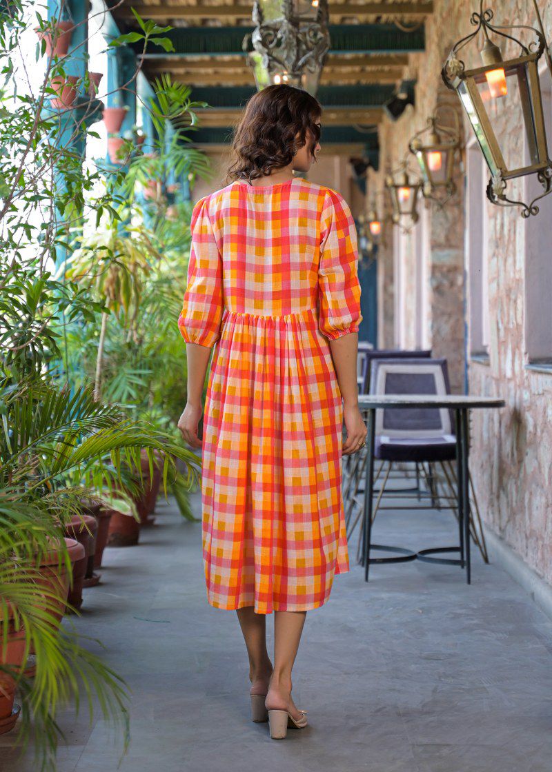 The Citrus Sunset Gingham Floral Cotton Dress